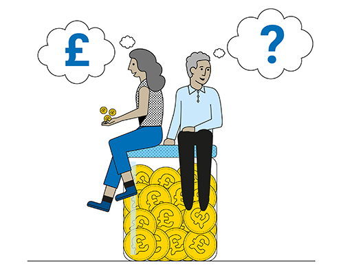 The image is a drawing of two people sitting on a large jar filled with coins. One person holds some coins and has a thought bubble with ‘£’ in it. The other person has a thought bubble with ‘?’ in it.
