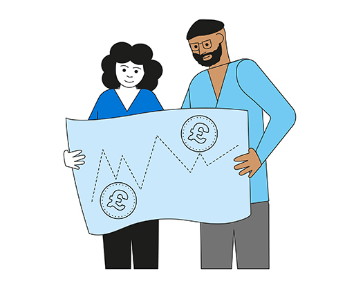 The image is a drawing of two people looking at a line graph on a piece of paper. The line goes up and down and has two coins on it – implying the graph is about finances.