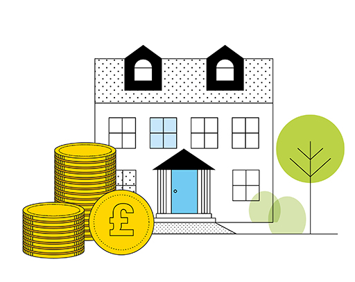 The image is a drawing of a house with two stacks of coins and a single coin on the front left. On the right of the house is a tree.