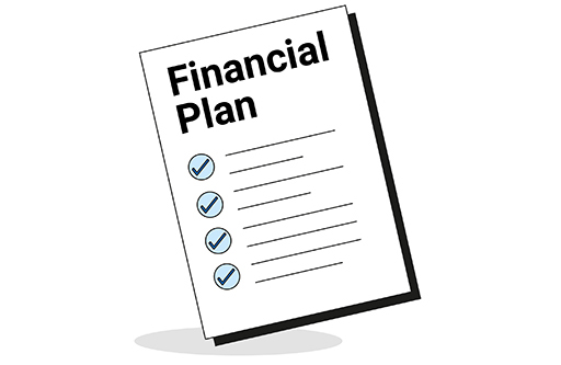 The image is a drawing of a checklist. The heading is ‘Financial Plan’. Each line of the plan is ticked (on the left).