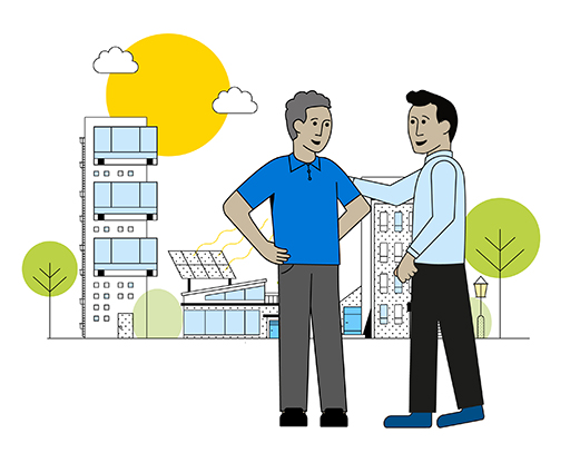 The image is a drawing of a person talking in a friendly way to a younger person. In the background are high- and low-rise buildings. The low-rise building has solar panels on its roof.