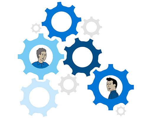 The image is a drawing of nine interlocking gear wheels. In the middle of two of the gear wheels is the image of a person.