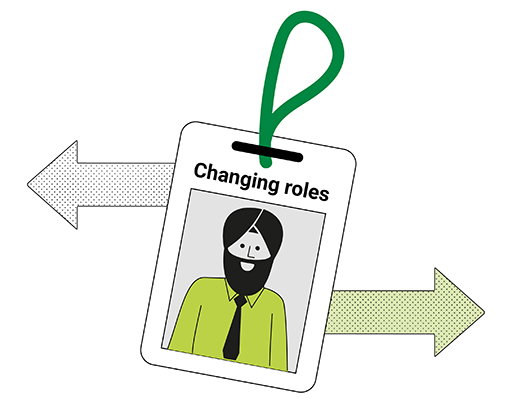 The image is a drawing of a work ID badge with a person’s image on it. Either side of the badge there is an arrow, with one pointing in the reverse direction to the other.