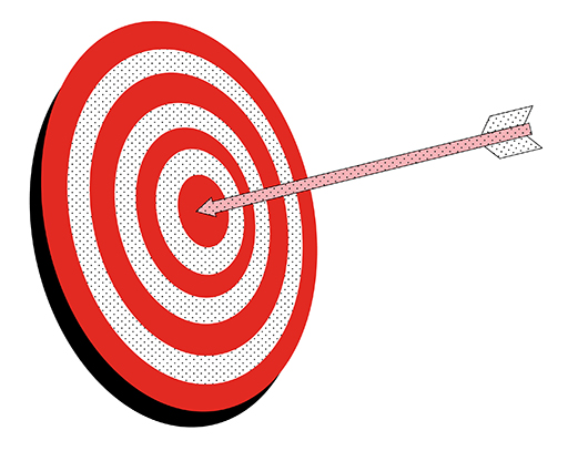 The image is a drawing of a dartboard with concentric red and white rings. An arrow is shown sticking in the bullseye.