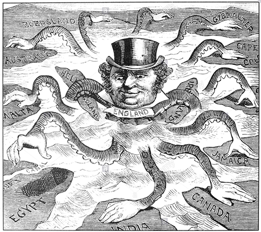 An illustration of an octopus with human hands and a human head. The octopus is labelled ‘England’ and its hands are ‘grabbing’ different countries, including Canada, India and Egypt.