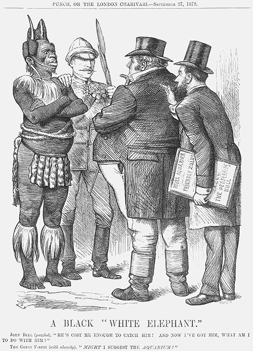 A black-and-white illustration of three White men surrounding a Black man.