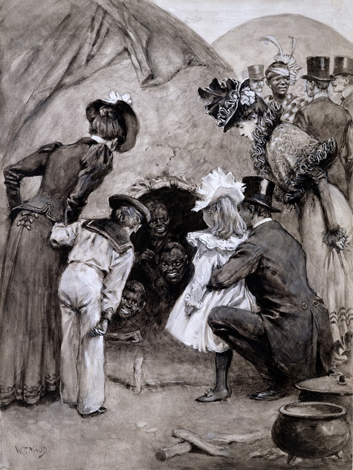 This is a black-and-white illustration of a white family peering to look at a group of Black people.