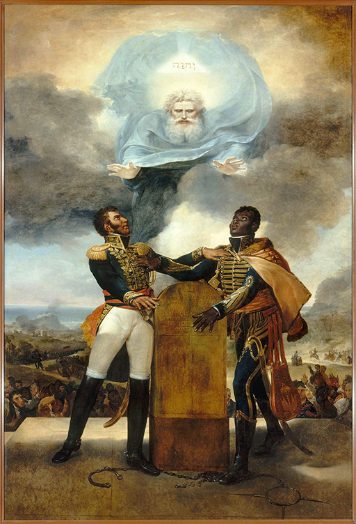 An illustration showing a Black man and a mixed-race man touching a stone alter with a depiction of God above them.