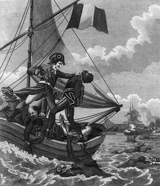 An illustration of a White Man holding a Black man by his neck, on a boat at sea.