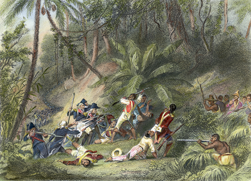 An illustration of two sets of people fighting, surrounded by trees.
