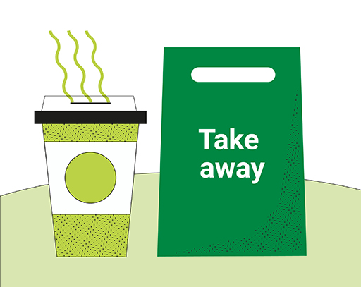 The image is a drawing of a takeaway coffee and a bag with the word ‘Take away’ on it (implying it contains a takeaway meal).