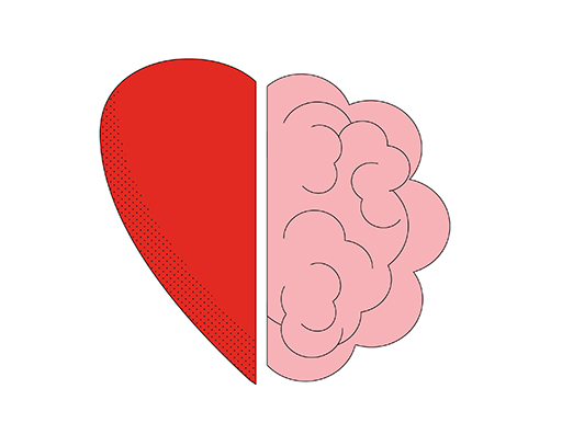 The image is a drawing of half a brain (on the right) and half a heart (on the left) , side by side.