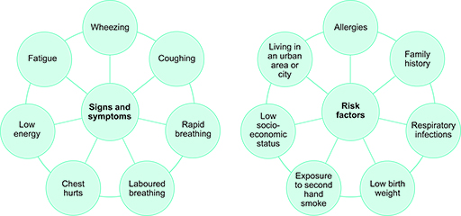 Two spider diagrams detailing sign and symptoms; and risk factors of asthma in children
