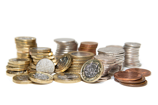 A pile of British coins.