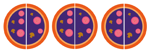 Three circles, each divided into half
