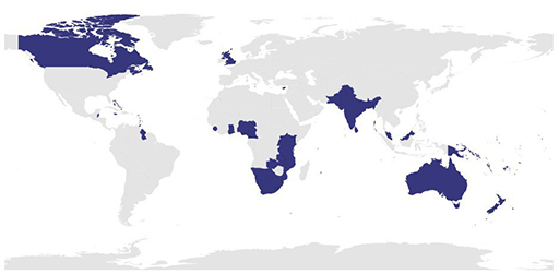 Map of world with Commonwealth countries shaded in.