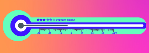 A fridge thermometer showing the temperature –4 °C.
