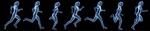 The image shows a female runner. There are seven images of the runner as she goes through the different phases of the running stride to complete one full step.