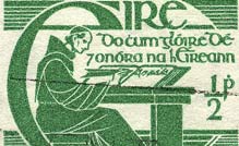 An Irish stamp showing a monk hand copies a document