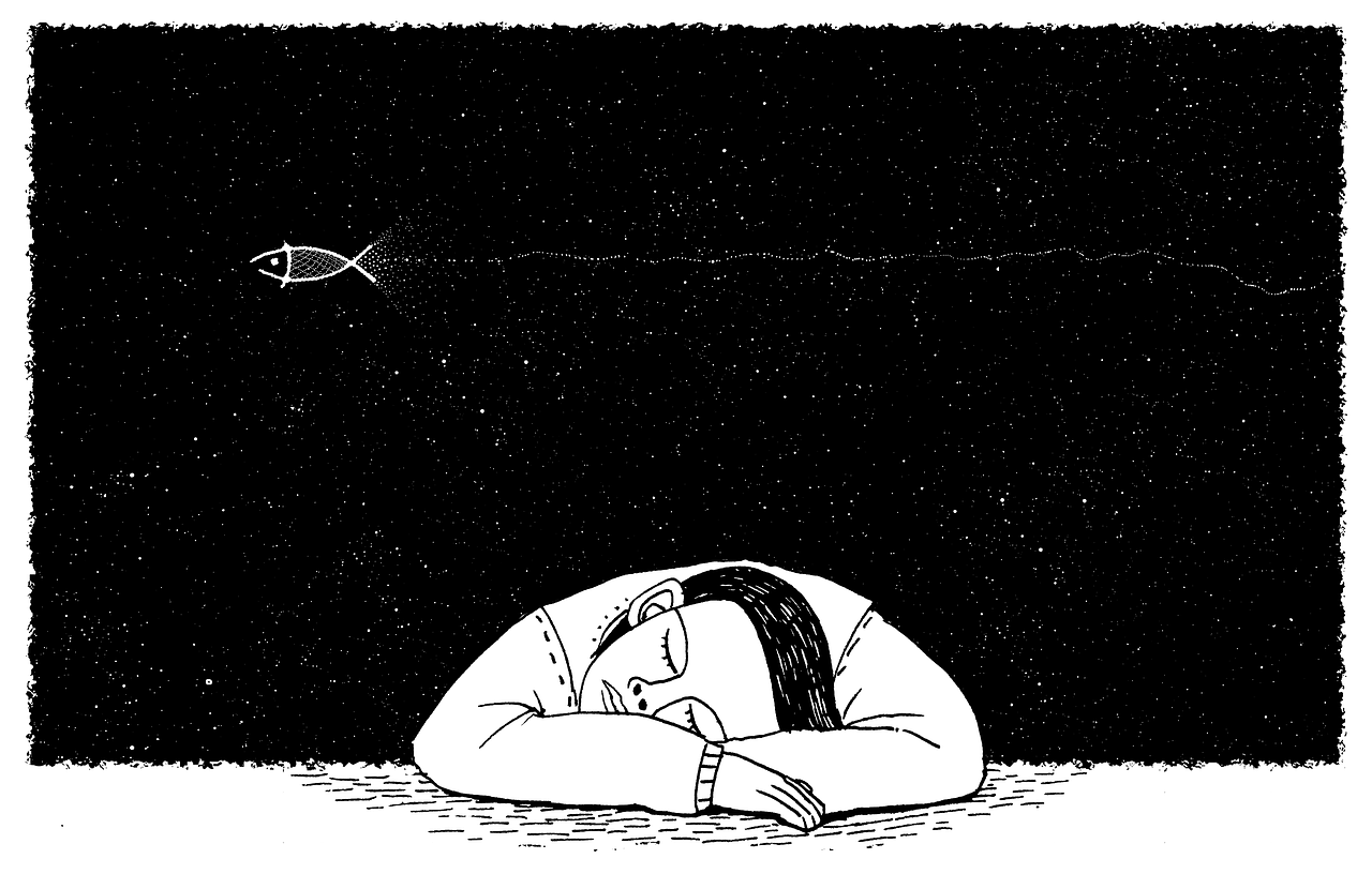 Person dreaming under a night sky with a floating fish.