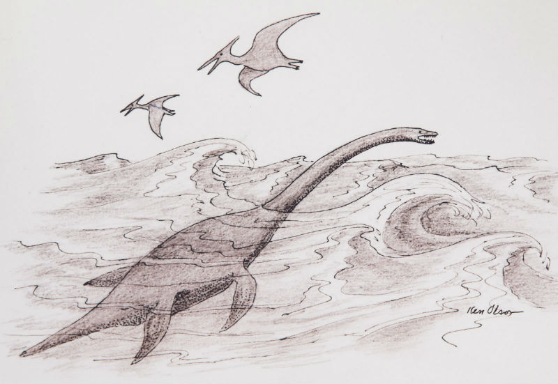 A depiction of a plesiosaur swimming through Montana's ancient sea as flying reptiles soar above the waves.