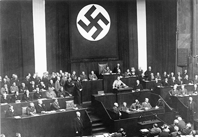 Adolf Hitler addressing the Reichstag on 23 March 1933, seeking assent to the Enabling Act.