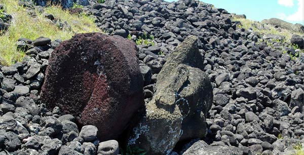 A toppled Moai figure atop a pile of scoria on Easter Island [Image: stevesheriw under CC-BY-NC licence]  