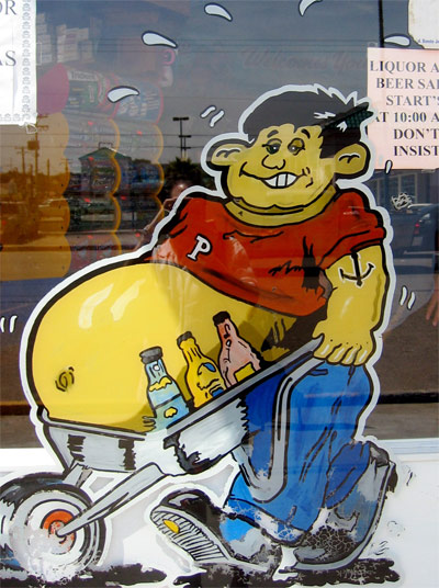 Cartoon man with beer belly from a shop window display