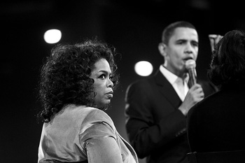 Oprah and Obama on stage