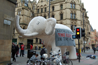 An elephant, part of a protest against Manchester Airport expansion plans
