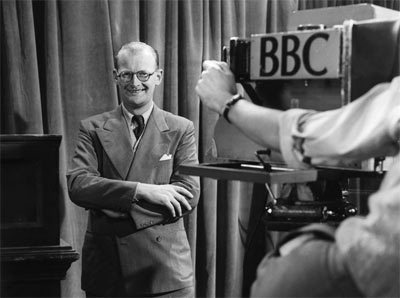 Arthur C Clarke rehearses for a 1953 BBC Television programme