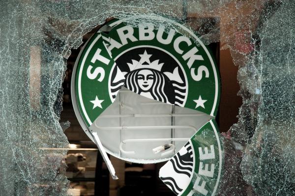 Starbuck window smashed during protests at the Toronto G20 meeting, 2010