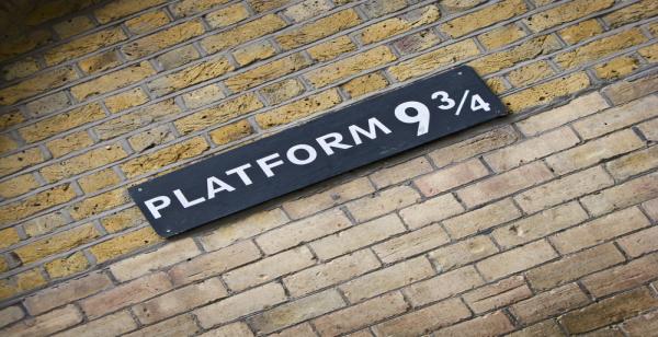 Platform nine and three quarters , at Kings Cross station, from the Harry Potter film