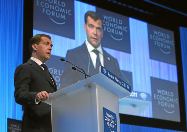 Dimitry Medev delivers the opening address at the 2011 World Economic Forum in Davos