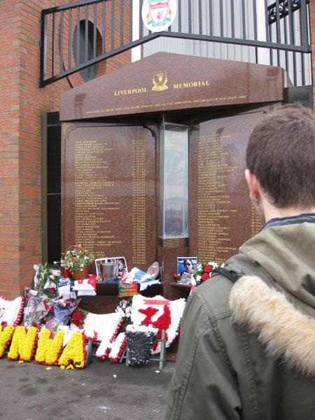 The memorial to those who died in the Hillsborough Disaster, outside Anfield