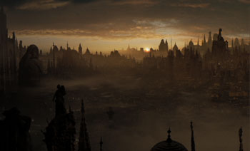 Dusk view across city skyline, London