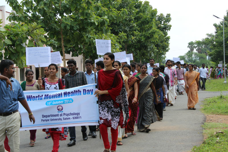 A mental health awareness rally at Periyar University, Salem, India, marking World Mental Health Day 2014
