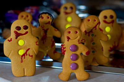 Several gingerbread men decorated as zombies