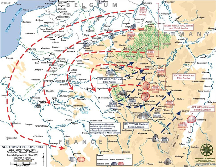 A map of the Schlieffen Plan, showing Germany's concentration of resources down the right wing of its army.