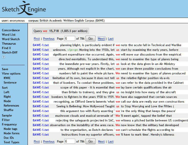 Screengrab showing instances of the word 'we' in the British Academic Written English corpus as returned by SketchEngine