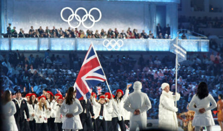 The British team arrive at the 2010 Winter Olympics, led by Shelly Rudman