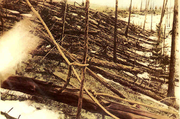 Damaged and burnt trees in Tunguska, discovered by a 1929 expedition to the area of the asteroid hit