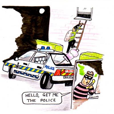 A cartoon in which a concerned criminal calls for help from the police