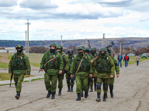 Russian soldiers on march in Perevalne, Ukraine