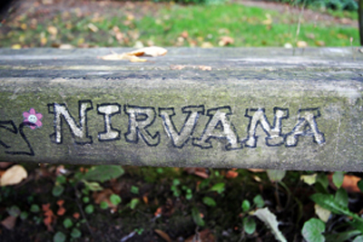 Graffiti 'Nirvana' on a park bench in Viretta Parkin Seattle. 