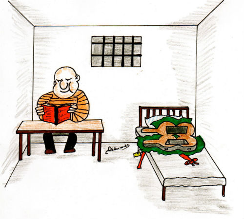 A prisoner reads a book smuggled into his cell inside a guitar case