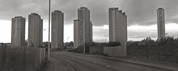Black and white photo of the Red Road flats, Glasgow from 2006