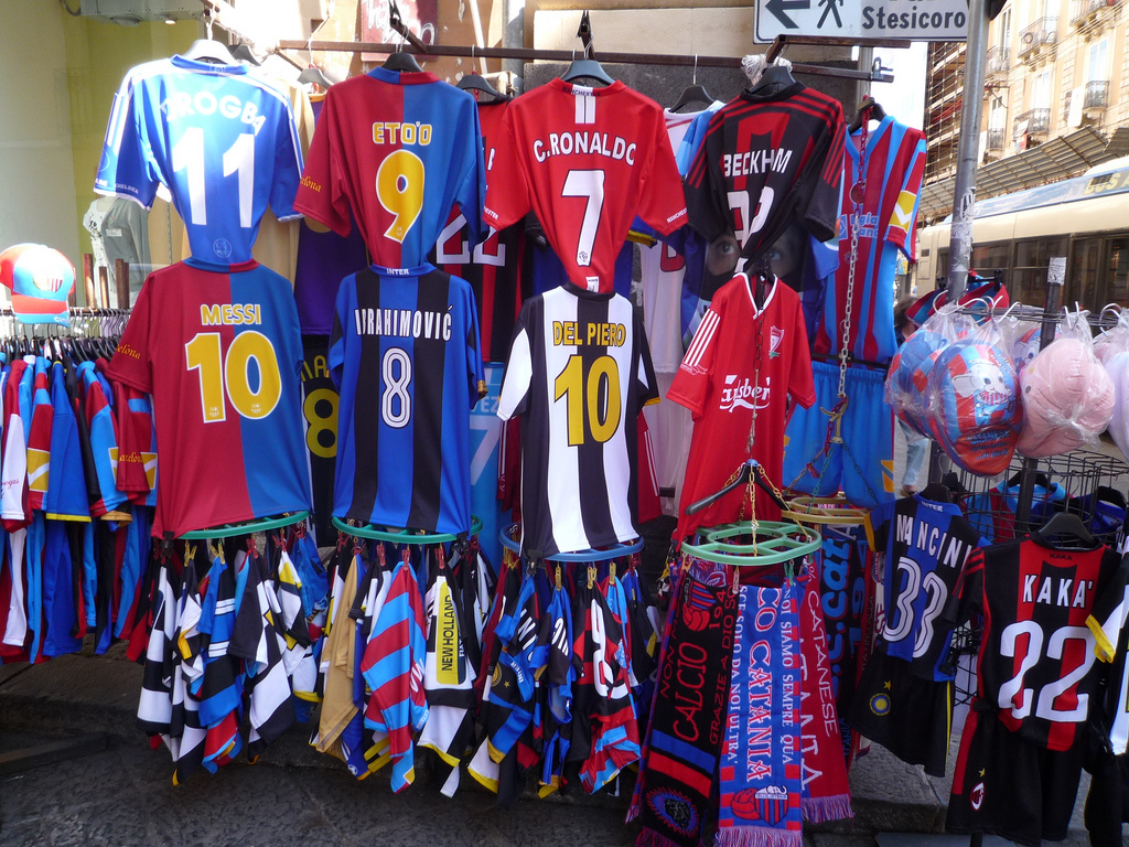 football shirts of Drogba, Eto'o, Ronaldo, Beckham, Messi, Ibrahimovic, Del Piero, Mancini and Kaká
