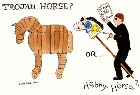 A man from OFSTED rides a hobby horse behind a trojan horse