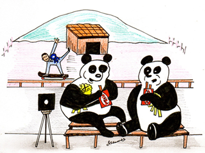 A cartoon of two Giant Pandas eating a snack with a Tory MP on a skateboard in the background